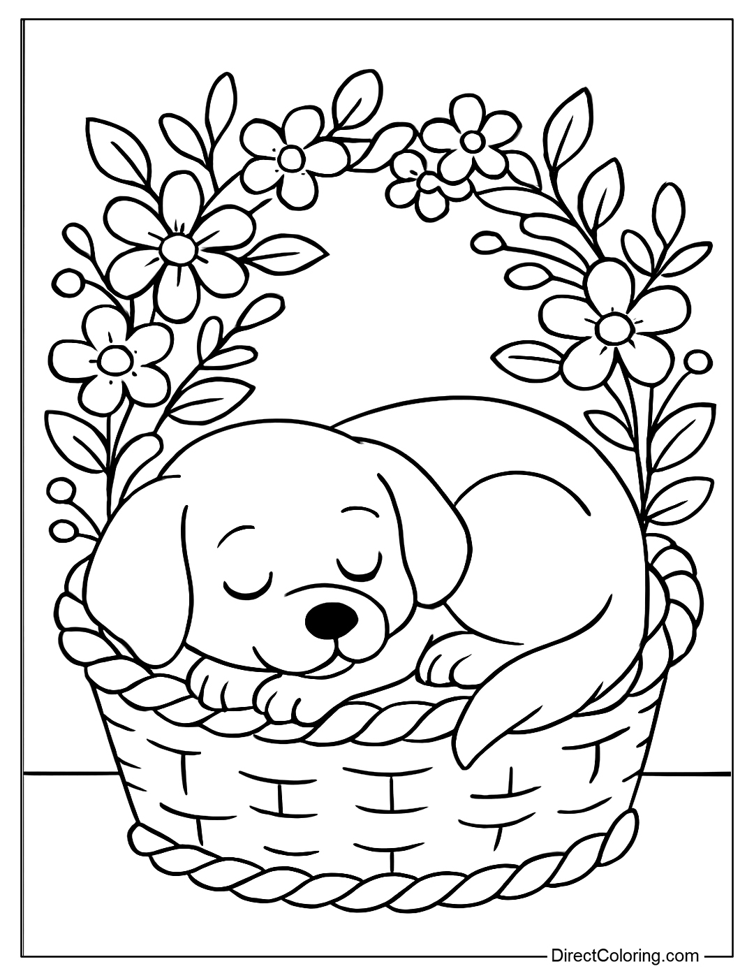 Dog Sleeping in a Flower Basket Coloring Page